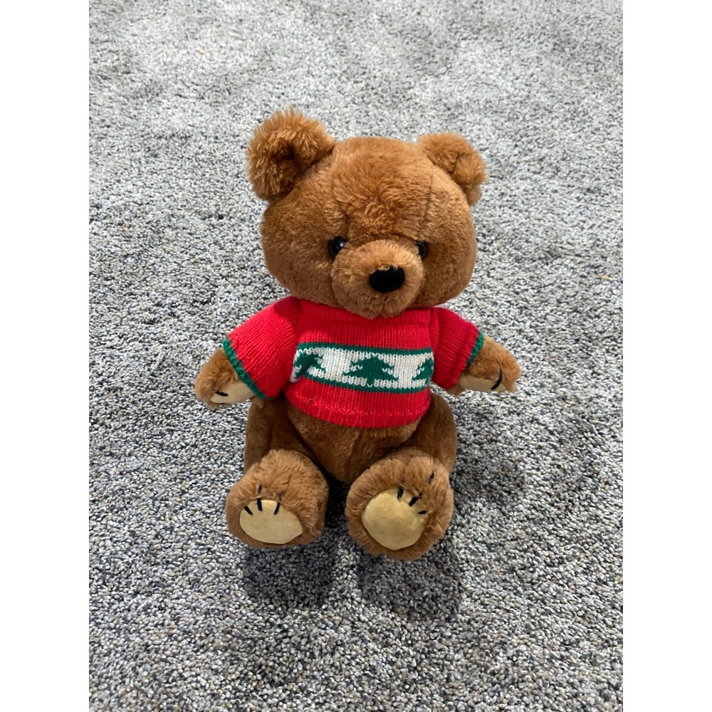 Vintage 1981 Dakin Teddy Bear Plush Brown Red Holiday Sweater 1981 Collectible